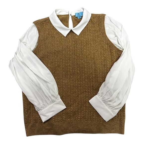 CeCe Vest Sweater Women's L Brown Collared Blouson-Sleeve Back Keyhole Acrylic - Picture 2 of 6